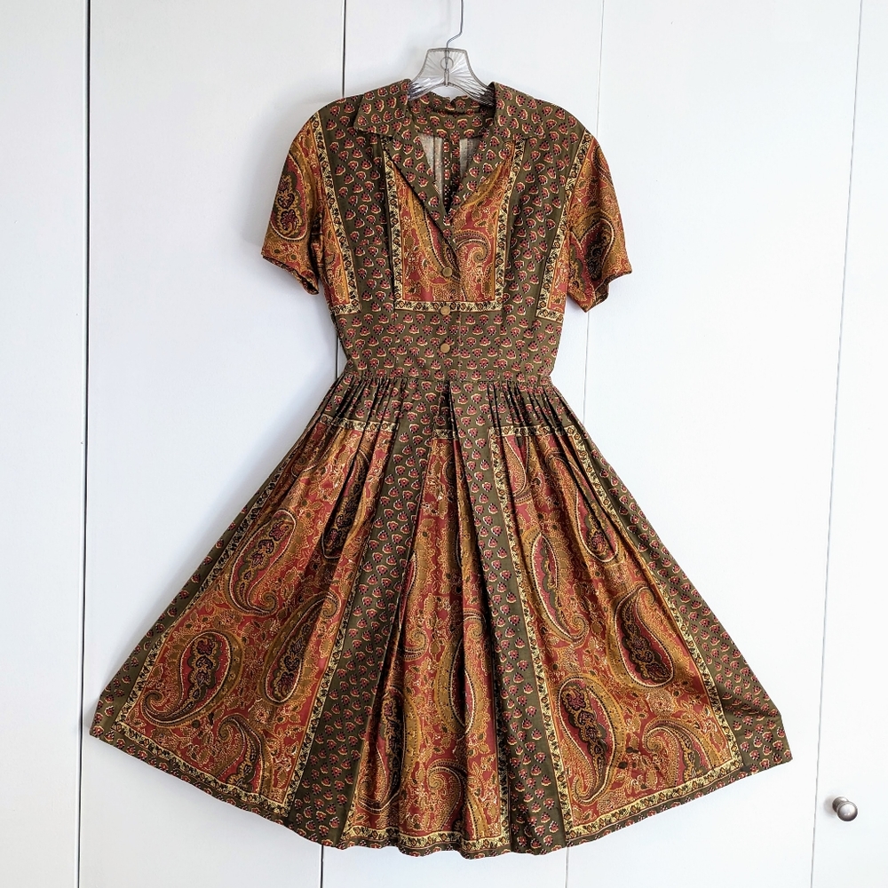 Vintage Fall Paisley Scarf Print Cotton Dress S